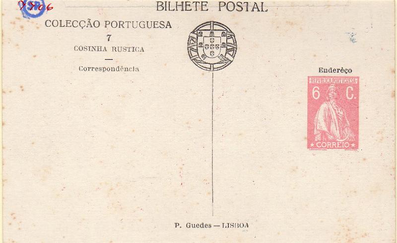 0425 f.jpg -     Lote:    425 (frente)                   Descrição:         1921 &mdash; Ceres. Colecção Portuguesa. Bilhetes-Postais Particulares. OM5, 6C rosa-escuro (n.º 7 &mdash; Cosinha Rustica).        IN       Valor Base:     &euro; 10,00     Valor Venda:     &euro;      